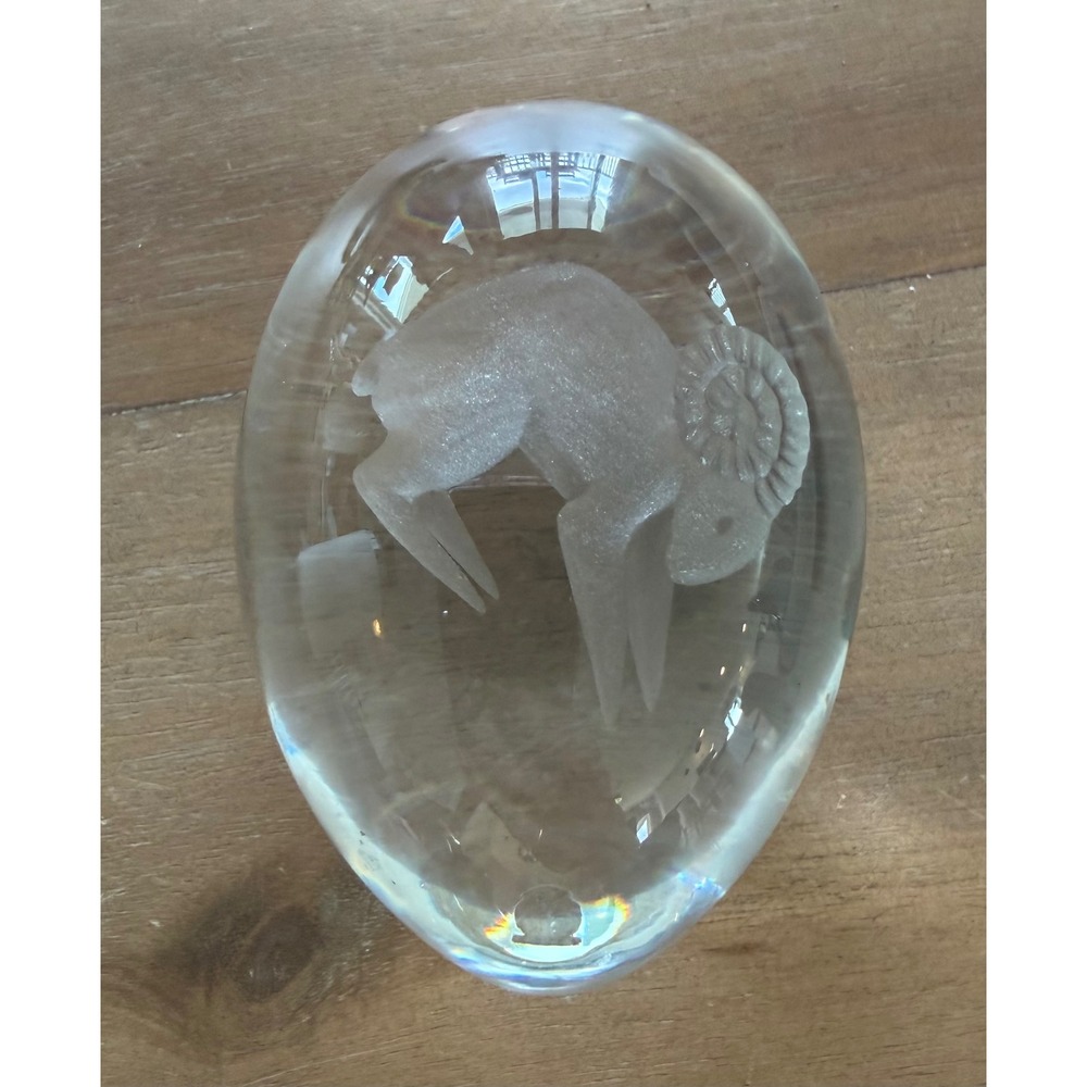 Vintage Ekena's Sweden Glass Egg Paperweight Etched Ram Aries Zodiac